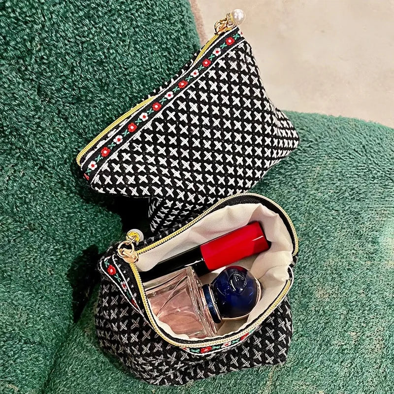 Classic Cross-Stitch Embroidered Portable Organizer, Jewelry and Lipstick Compact Pouch