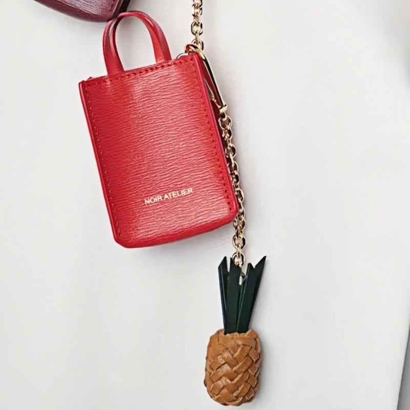 Handwoven Leather Pineapple Bag Charm – Full-Grain Cowhide Key Accessory, Creative and Tropical Vibes, Artisan Design