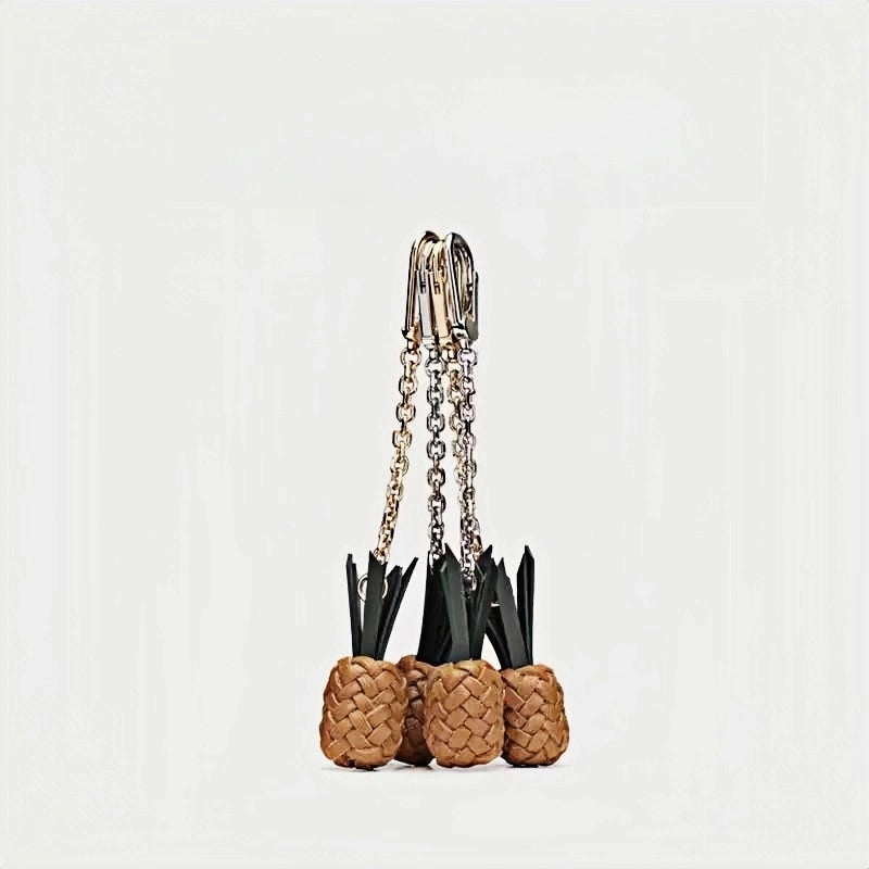 Handwoven Leather Pineapple Bag Charm – Full-Grain Cowhide Key Accessory, Creative and Tropical Vibes, Artisan Design