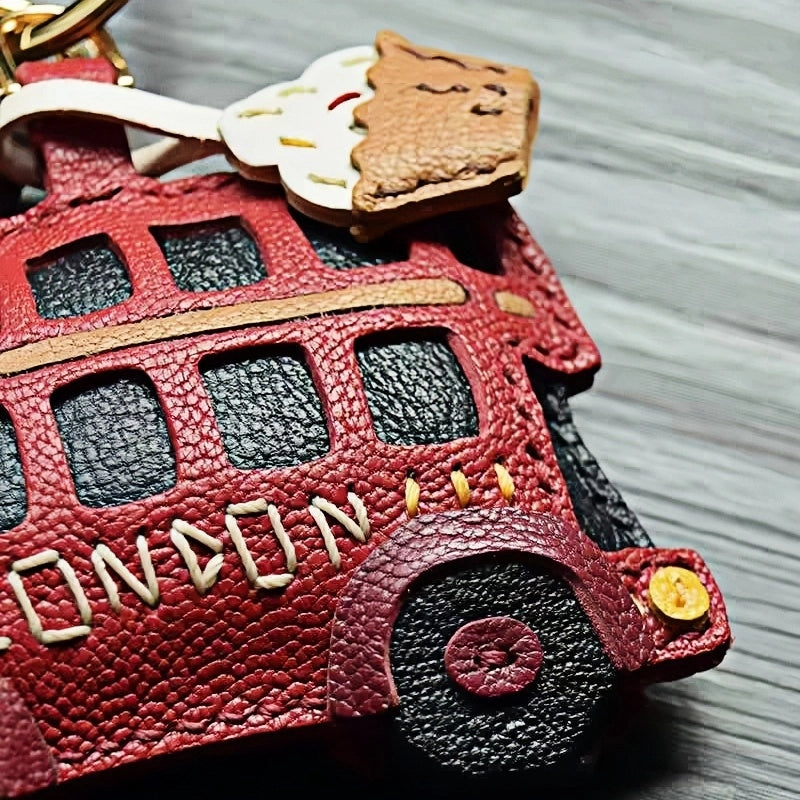 Genuine Leather London Red Bus Charm – Iconic British Design, Handcrafted Vintage Keychain for Bags and Accessories