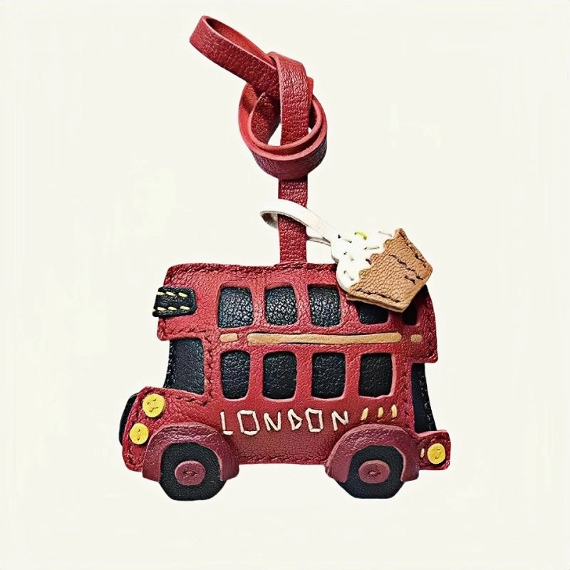 Genuine Leather London Red Bus Charm – Iconic British Design, Handcrafted Vintage Keychain for Bags and Accessories