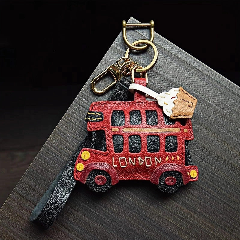 Genuine Leather London Red Bus Charm – Iconic British Design, Handcrafted Vintage Keychain for Bags and Accessories