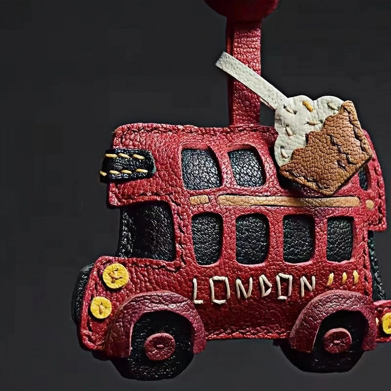 Genuine Leather London Red Bus Charm – Iconic British Design, Handcrafted Vintage Keychain for Bags and Accessories