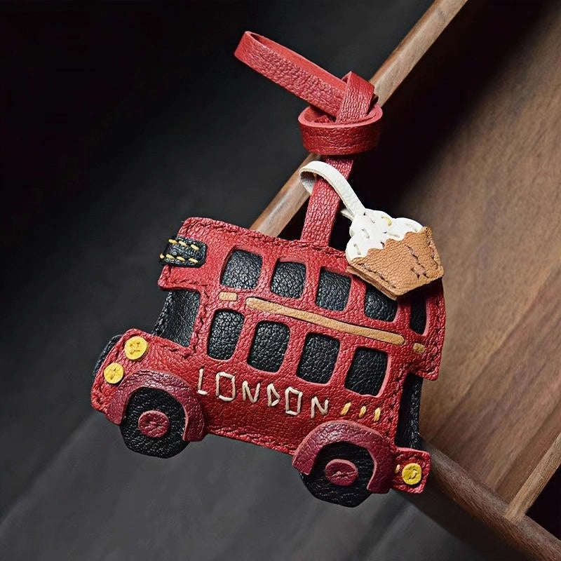 Genuine Leather London Red Bus Charm – Iconic British Design, Handcrafted Vintage Keychain for Bags and Accessories