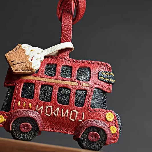 Genuine Leather London Red Bus Charm – Iconic British Design, Handcrafted Vintage Keychain for Bags and Accessories