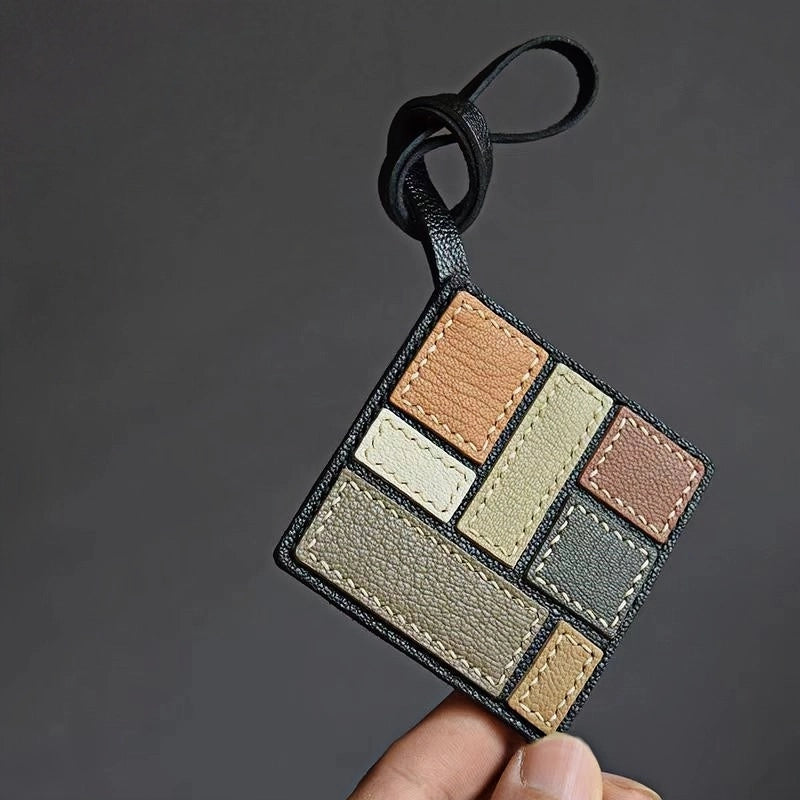 Mondrian-Inspired Geometric Leather Bag Charm, Handcrafted Art Accessory for Women, Minimalist Design, Unique Small Gift