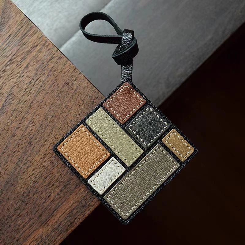 Mondrian-Inspired Geometric Leather Bag Charm, Handcrafted Art Accessory for Women, Minimalist Design, Unique Small Gift