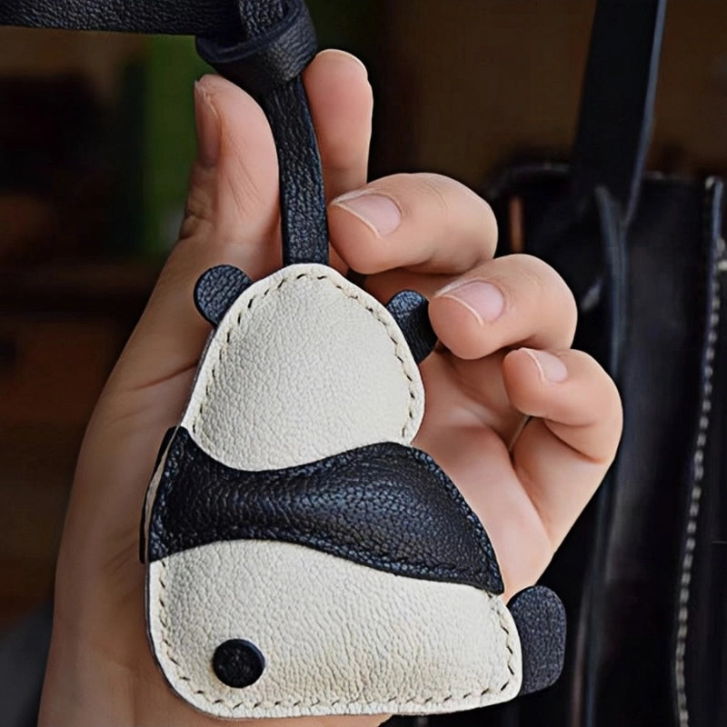 Hand-Stitched Panda Leather Bag Charm – Full-Grain Cowhide Keychain, Minimalist Black-and-White Design, Whimsical Gift for Her