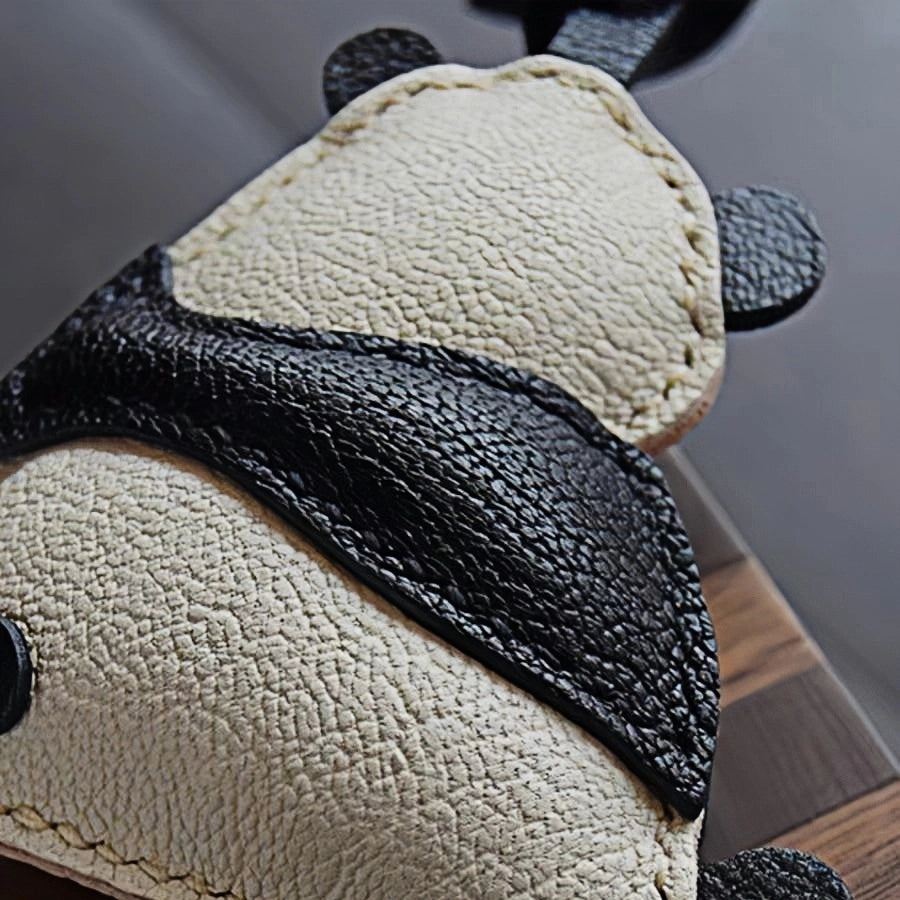 Hand-Stitched Panda Leather Bag Charm – Full-Grain Cowhide Keychain, Minimalist Black-and-White Design, Whimsical Gift for Her