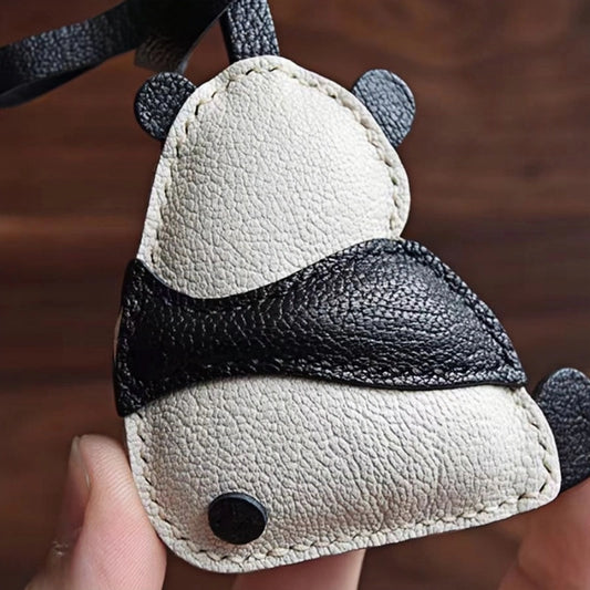 Hand-Stitched Panda Leather Bag Charm – Full-Grain Cowhide Keychain, Minimalist Black-and-White Design, Whimsical Gift for Her