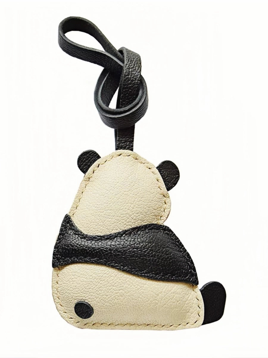 Hand-Stitched Panda Leather Bag Charm – Full-Grain Cowhide Keychain, Minimalist Black-and-White Design, Whimsical Gift for Her