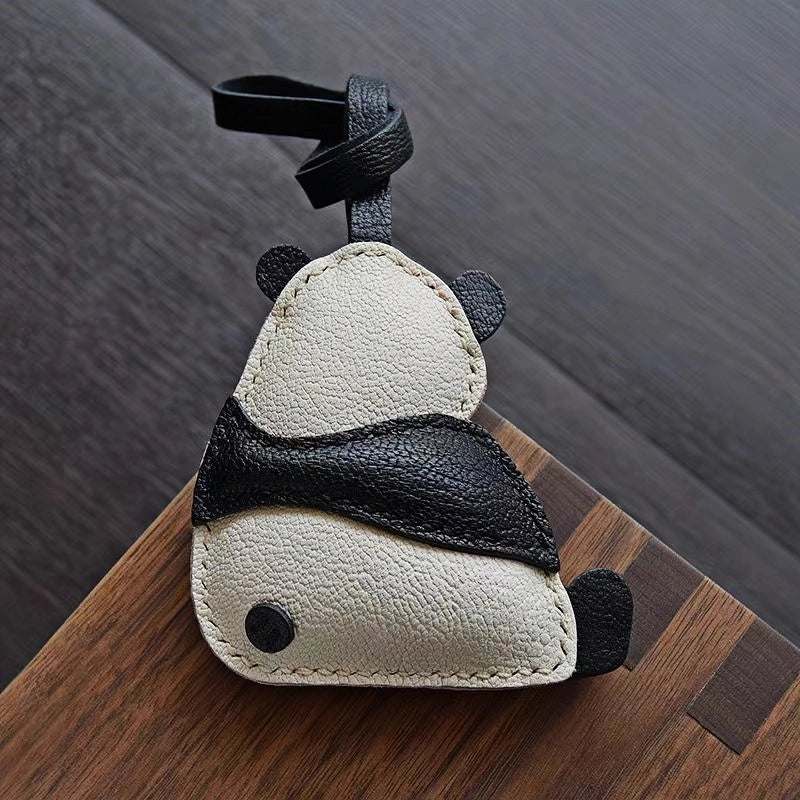 Hand-Stitched Panda Leather Bag Charm – Full-Grain Cowhide Keychain, Minimalist Black-and-White Design, Whimsical Gift for Her