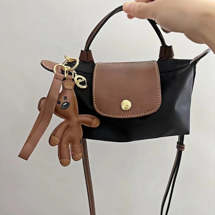 Hand-Stitched Leather Bear Bag Charm – Adorable Vintage Keychain Gift for Her