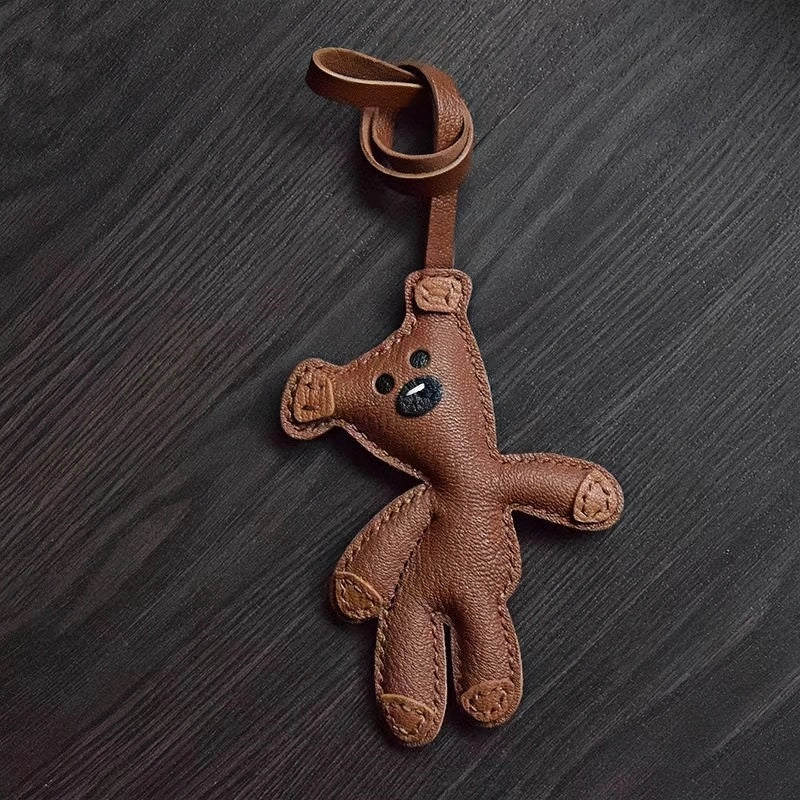 Hand-Stitched Leather Bear Bag Charm – Adorable Vintage Keychain Gift for Her