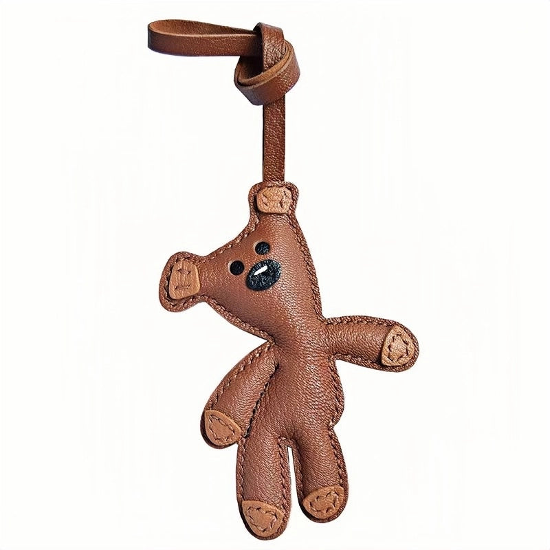 Hand-Stitched Leather Bear Bag Charm – Adorable Vintage Keychain Gift for Her