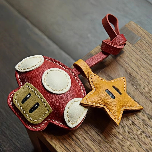 Mushroom & Star Handcrafted Leather Bag Charm – Whimsical Design, Full-Grain Goatskin, Playful Accessory for Bags or Keys, Perfect Gift for Her