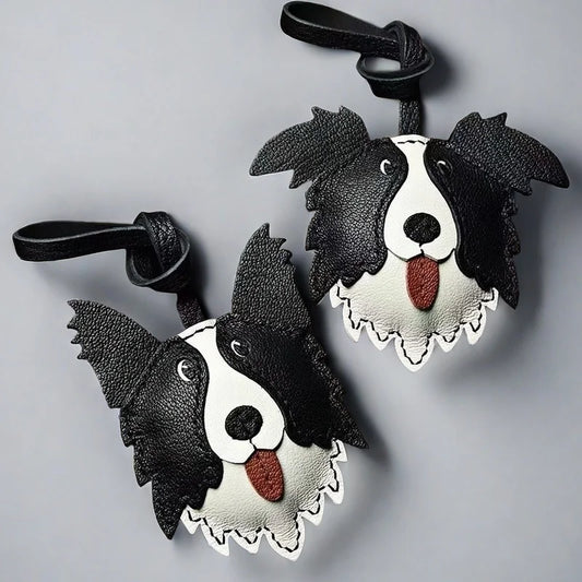 Border Collie Leather Handcrafted Bag Charm Pet Dog Keychain Gift