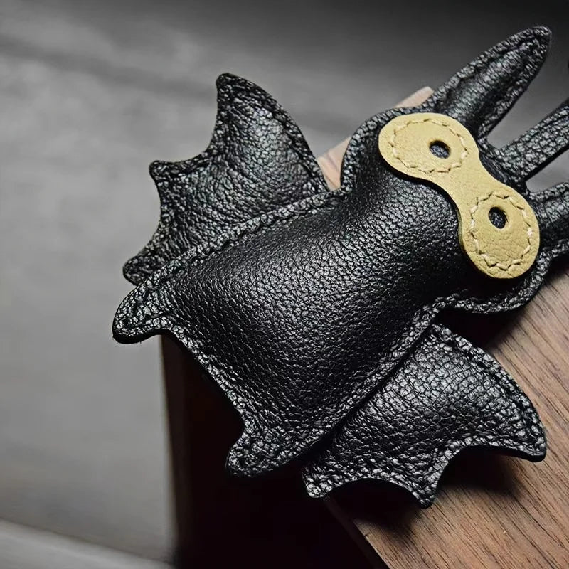 Handcrafted Black Leather Bat Charm – Playful Halloween-Inspired Keychain and Bag Accessory