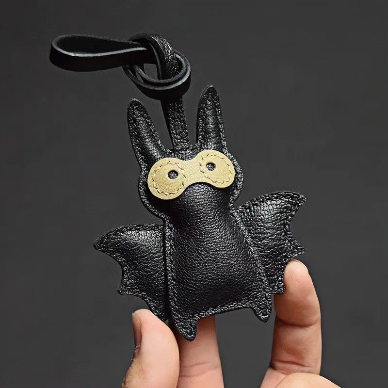 Handcrafted Black Leather Bat Charm – Playful Halloween-Inspired Keychain and Bag Accessory