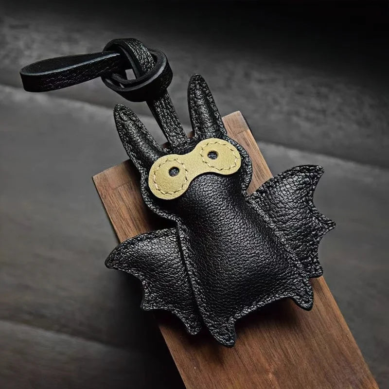 Handcrafted Black Leather Bat Charm – Playful Halloween-Inspired Keychain and Bag Accessory