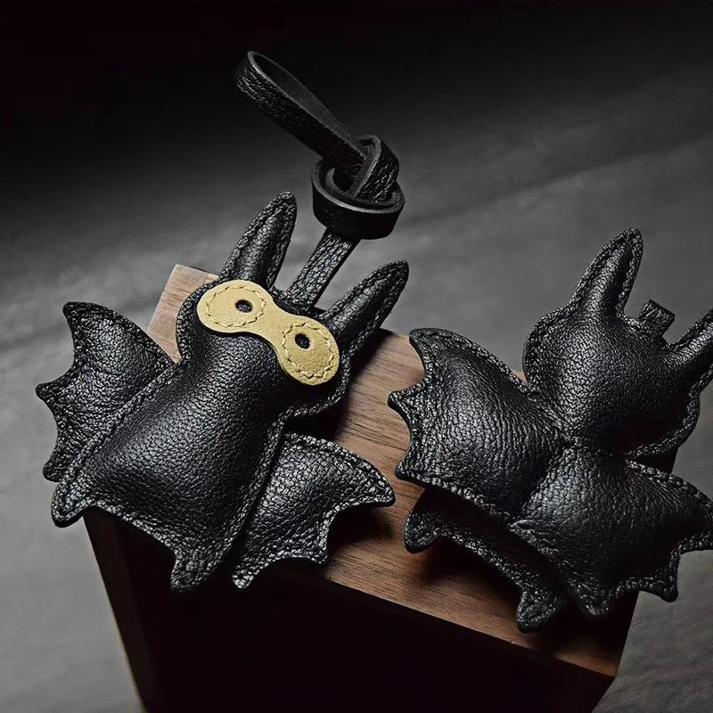 Handcrafted Black Leather Bat Charm – Playful Halloween-Inspired Keychain and Bag Accessory