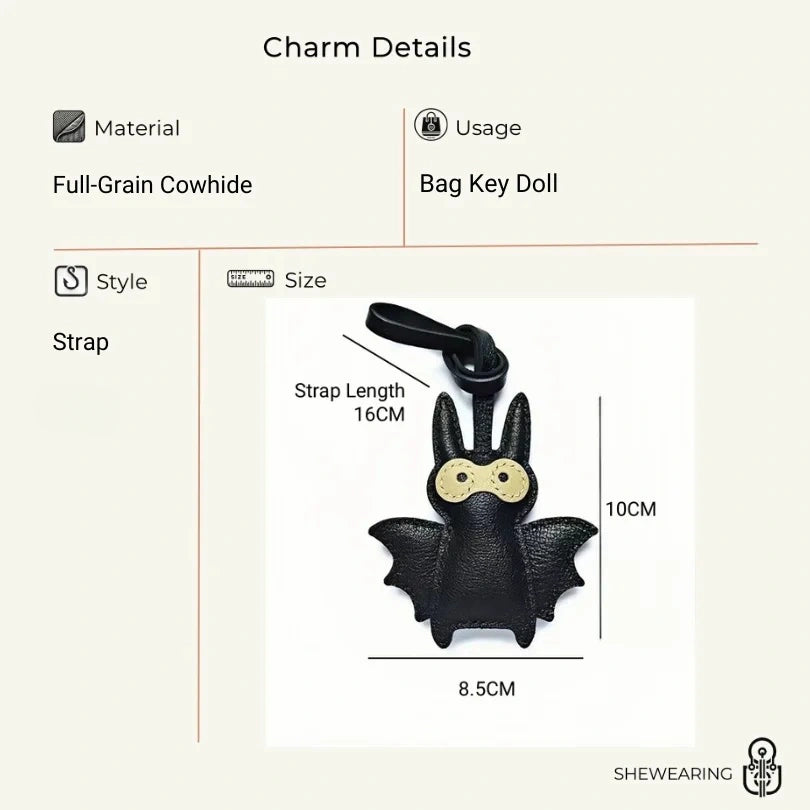 Handcrafted Black Leather Bat Charm – Playful Halloween-Inspired Keychain and Bag Accessory