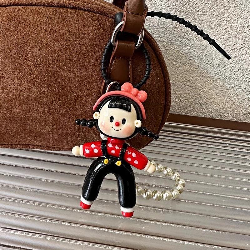 Lovely Sister Korean Style Doll Bag Charm – Handcrafted Full-Grain Lambskin Keychain – Cute Pearl Accent Design for Girls – Creative Gift Idea