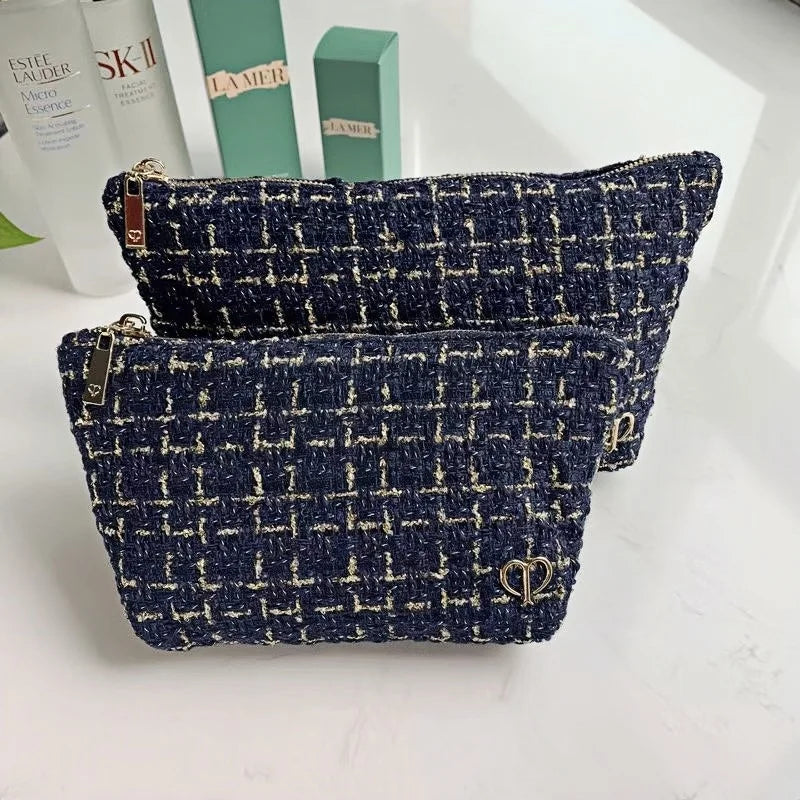 French Minimalist Style Tweed Blue & Gold Thread Makeup Bag, Large Capacity Handheld Travel Toiletry Bag