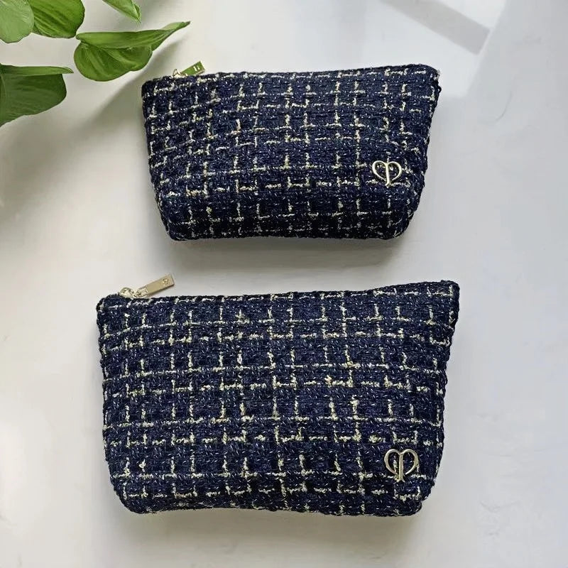 French Minimalist Style Tweed Blue & Gold Thread Makeup Bag, Large Capacity Handheld Travel Toiletry Bag