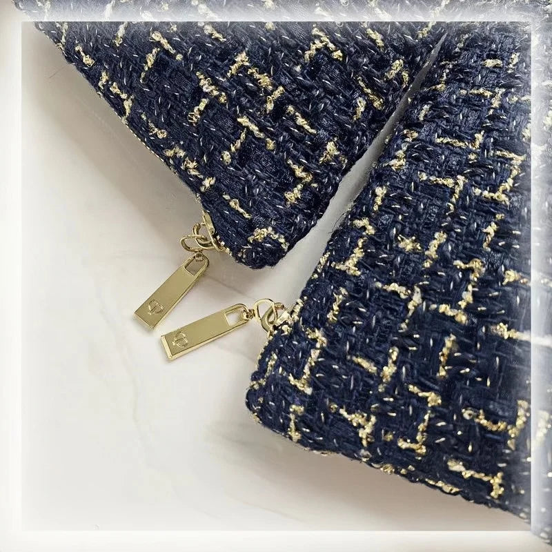 French Minimalist Style Tweed Blue & Gold Thread Makeup Bag, Large Capacity Handheld Travel Toiletry Bag