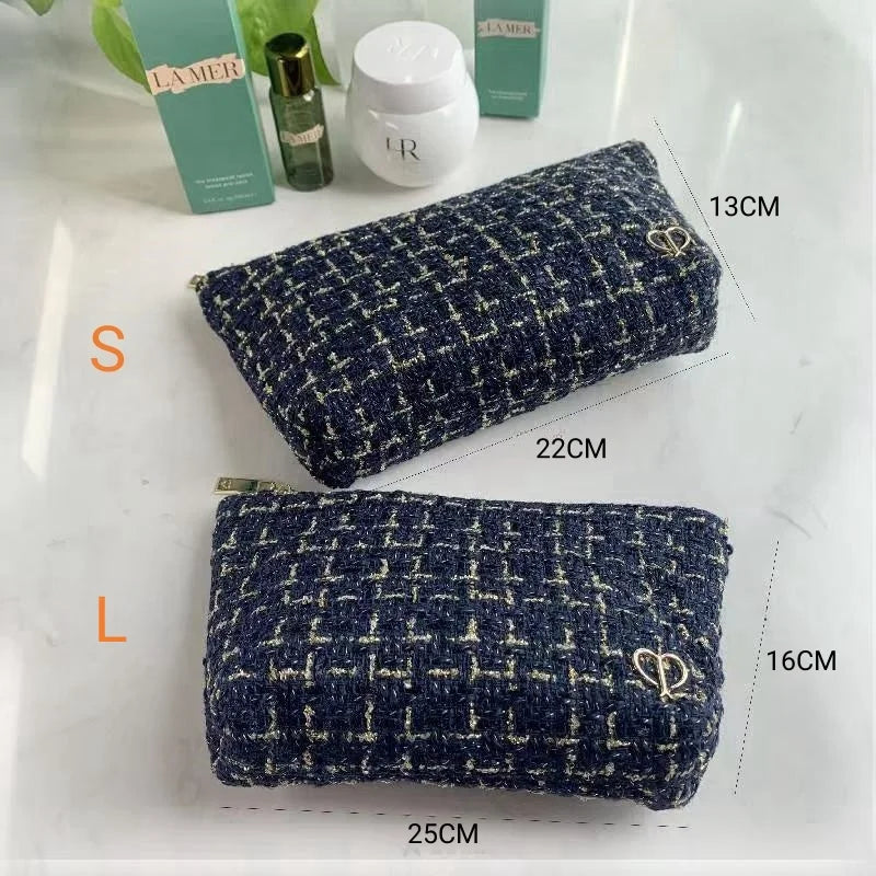 French Minimalist Style Tweed Blue & Gold Thread Makeup Bag, Large Capacity Handheld Travel Toiletry Bag