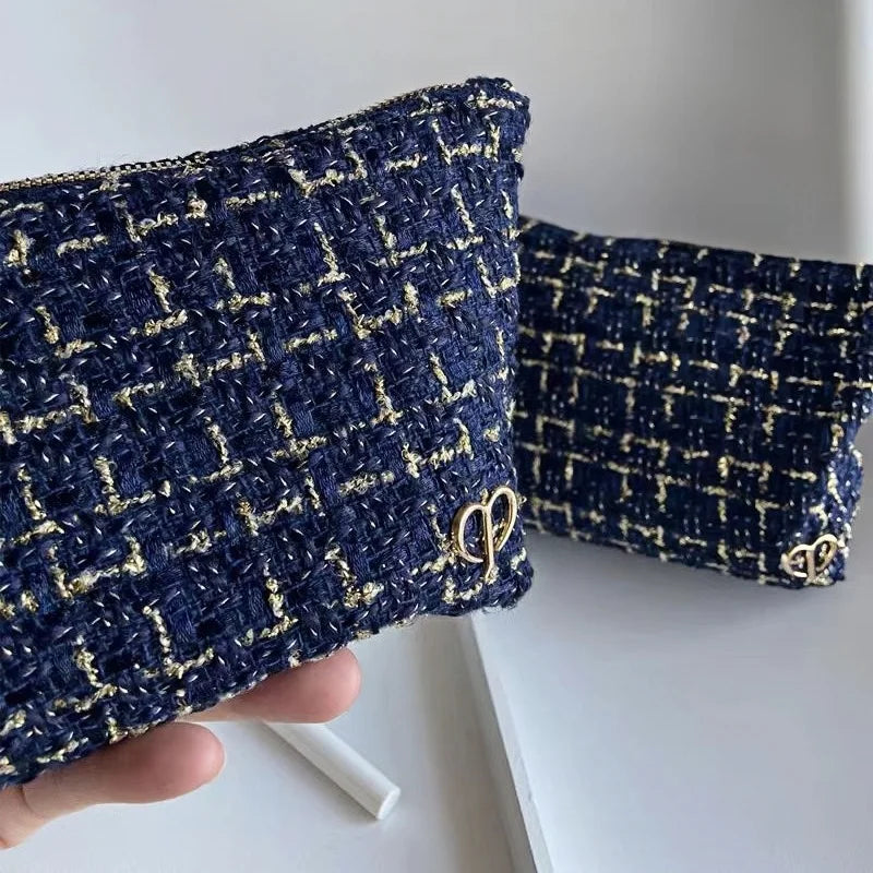 French Minimalist Style Tweed Blue & Gold Thread Makeup Bag, Large Capacity Handheld Travel Toiletry Bag