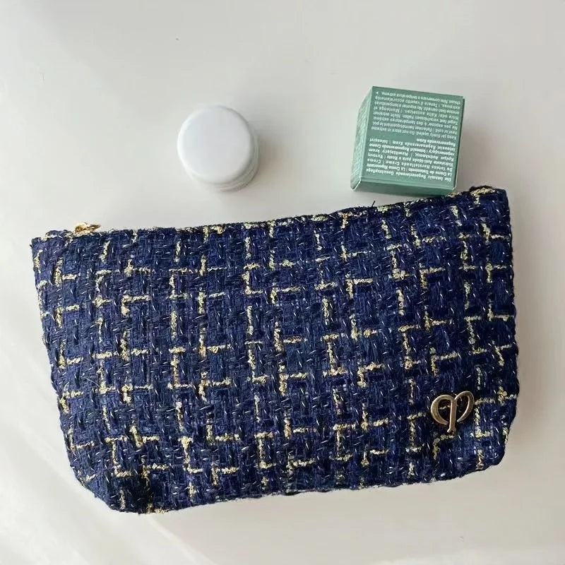 French Minimalist Style Tweed Blue & Gold Thread Makeup Bag, Large Capacity Handheld Travel Toiletry Bag