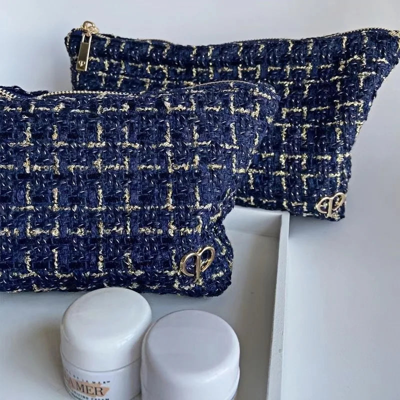 French Minimalist Style Tweed Blue & Gold Thread Makeup Bag, Large Capacity Handheld Travel Toiletry Bag