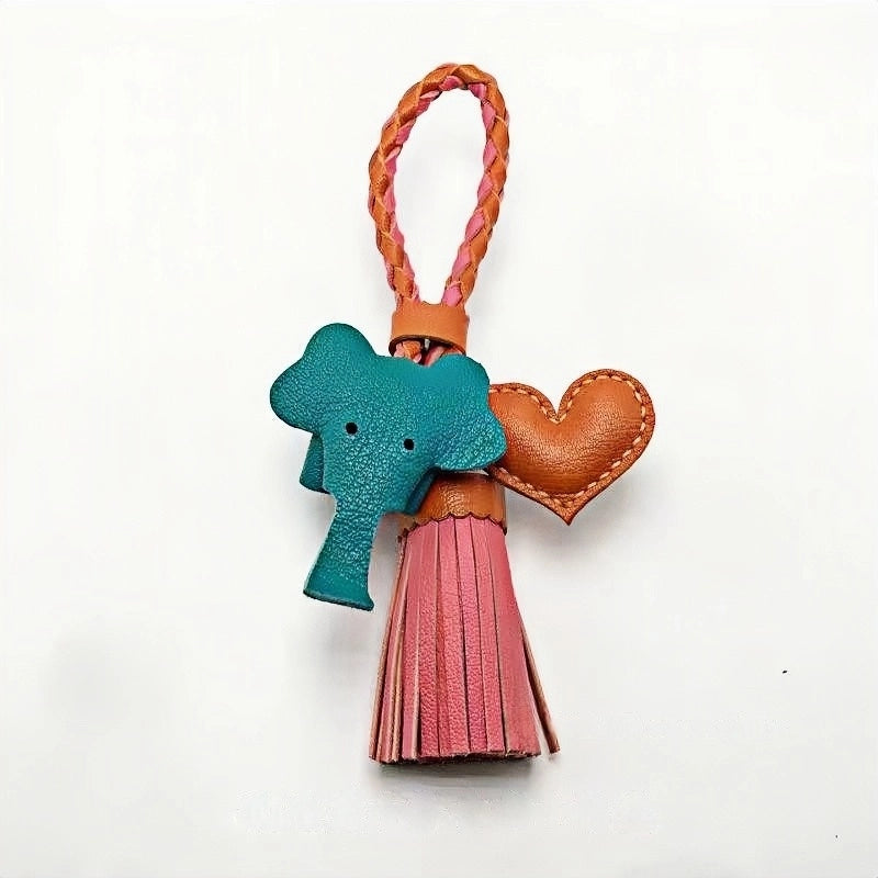 Genuine Leather Tassel Elephant Bag Charm – Cute Heart Design, Handmade Accessory for Bags and Keys, Fashionable and Versatile Gift for Women