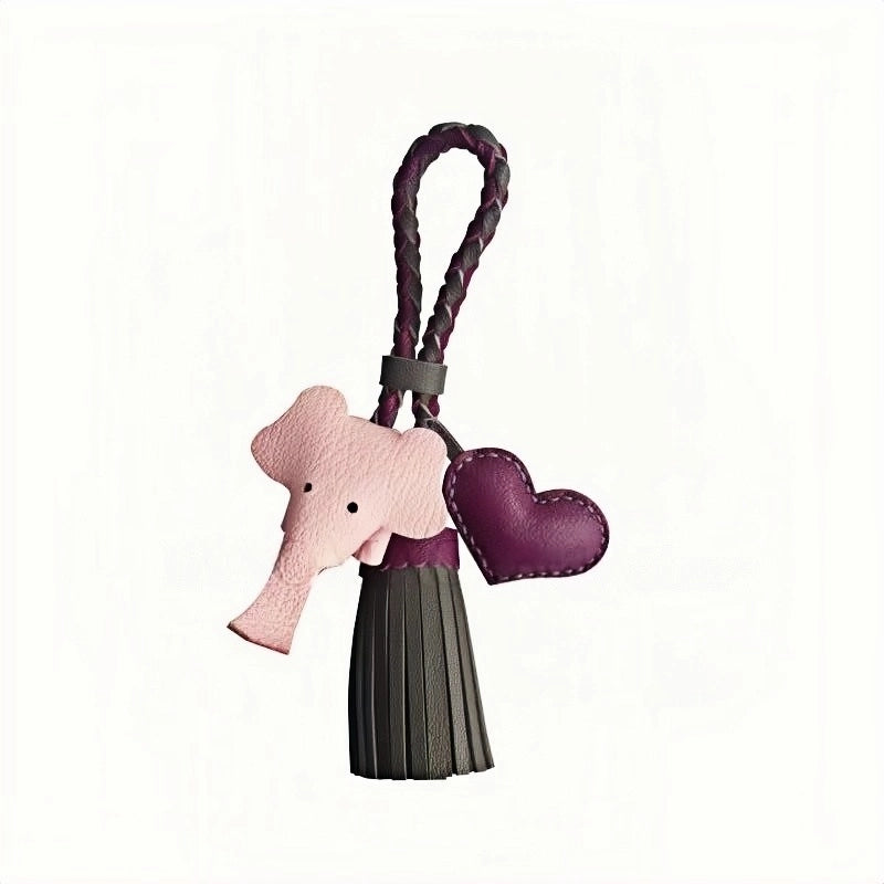 Genuine Leather Tassel Elephant Bag Charm – Cute Heart Design, Handmade Accessory for Bags and Keys, Fashionable and Versatile Gift for Women