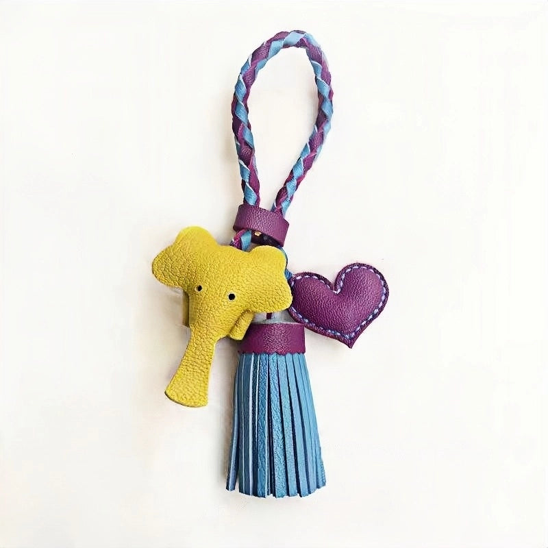 Genuine Leather Tassel Elephant Bag Charm – Cute Heart Design, Handmade Accessory for Bags and Keys, Fashionable and Versatile Gift for Women