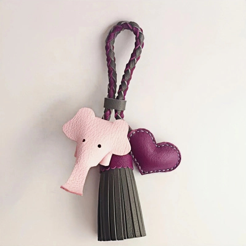 Genuine Leather Tassel Elephant Bag Charm – Cute Heart Design, Handmade Accessory for Bags and Keys, Fashionable and Versatile Gift for Women