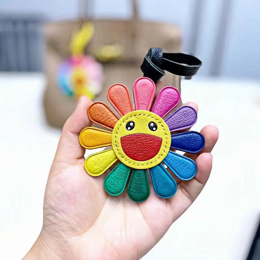 Handmade Colorful Sunburst Leather Bag Charm – Artisan Crafted Floral Accessory for Bags and Keys, Vibrant and Playful Design, Premium Goatskin, Perfect Gift for Her