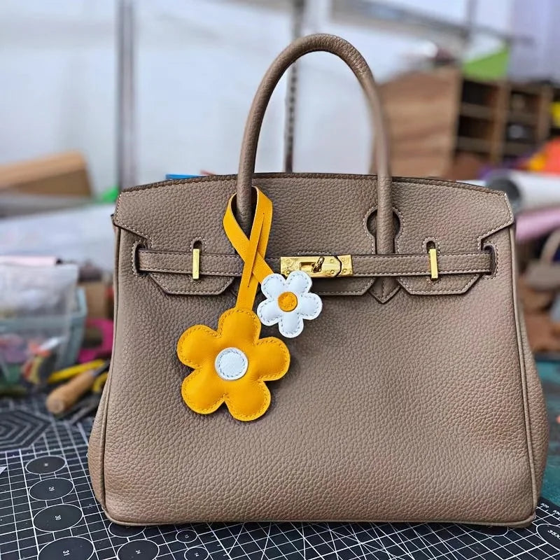 Elegant Sunflower Charm - Dual-Flower and Triple-Flower Multicolor Handmade Genuine Leather Bag, Backpack Accessory, Keychain, Premium Gift