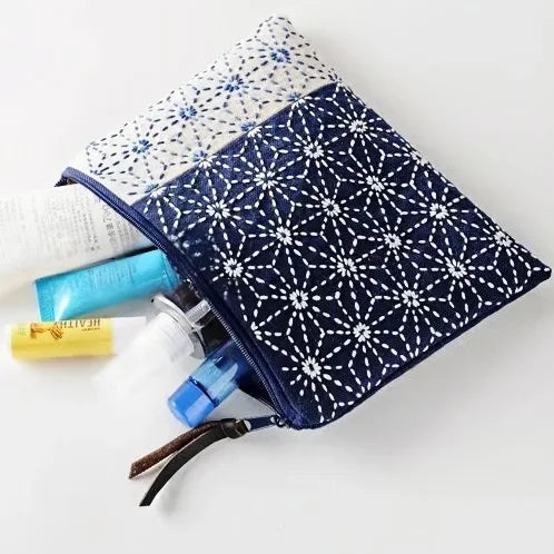 Original Handmade Geometric Pattern Makeup Bag with Embroidered Blue-Brown Patchwork | Stylish Toiletry and Travel Organizer