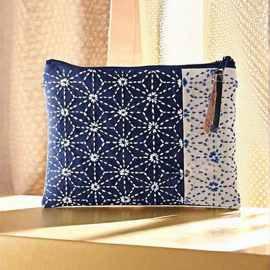 Original Handmade Geometric Pattern Makeup Bag with Embroidered Blue-Brown Patchwork | Stylish Toiletry and Travel Organizer