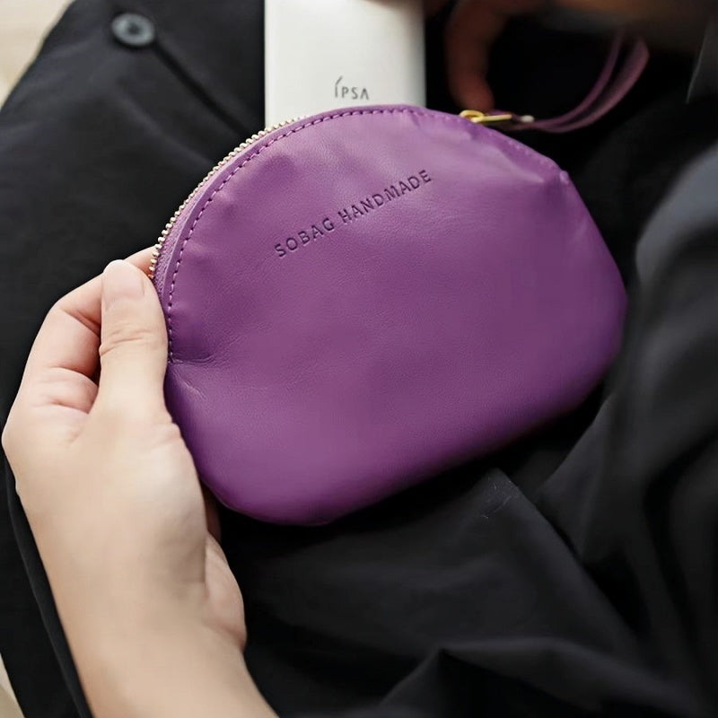 Purple Genuine Leather Lipstick Handheld Pouch - Vintage Mini Sheepskin Zipper Makeup Touch-Up Bag for Women