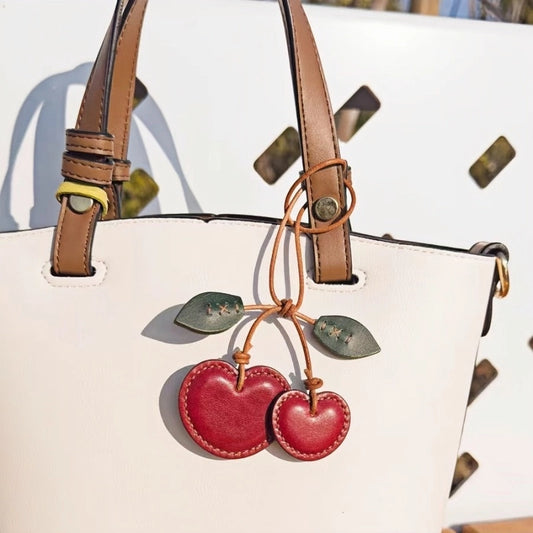 Handcrafted Leather Cherry Bag Charm – Premium Cowhide, Vibrant 3D Cherries, Stylish Accessory for Bags and Keys, Perfect Gift for Women