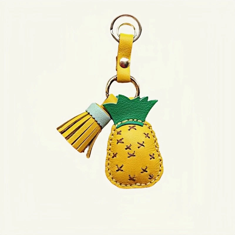 Pineapple Tassel Bag Charm – Handcrafted Full-Grain Lambskin Keychain, Tropical Style, Cute and Colorful Gift for Women and Friends