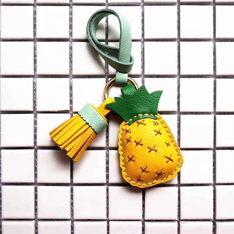 Pineapple Tassel Bag Charm – Handcrafted Full-Grain Lambskin Keychain, Tropical Style, Cute and Colorful Gift for Women and Friends