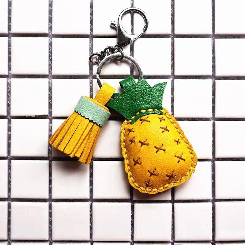 Pineapple Tassel Bag Charm – Handcrafted Full-Grain Lambskin Keychain, Tropical Style, Cute and Colorful Gift for Women and Friends