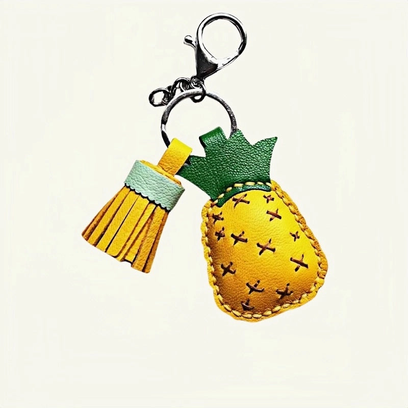 Pineapple Tassel Bag Charm – Handcrafted Full-Grain Lambskin Keychain, Tropical Style, Cute and Colorful Gift for Women and Friends