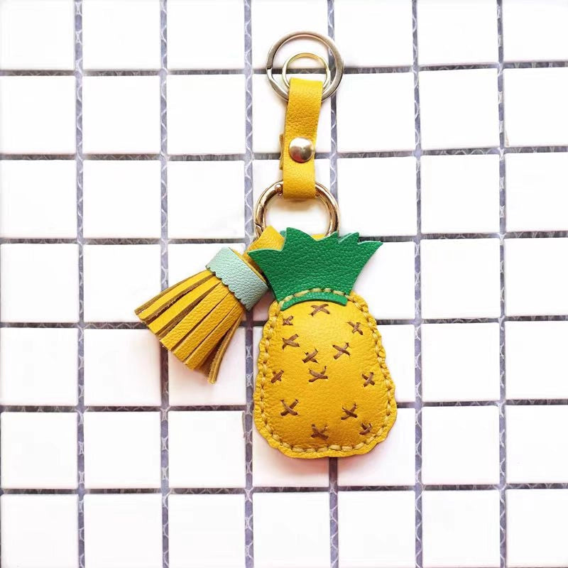 Pineapple Tassel Bag Charm – Handcrafted Full-Grain Lambskin Keychain, Tropical Style, Cute and Colorful Gift for Women and Friends