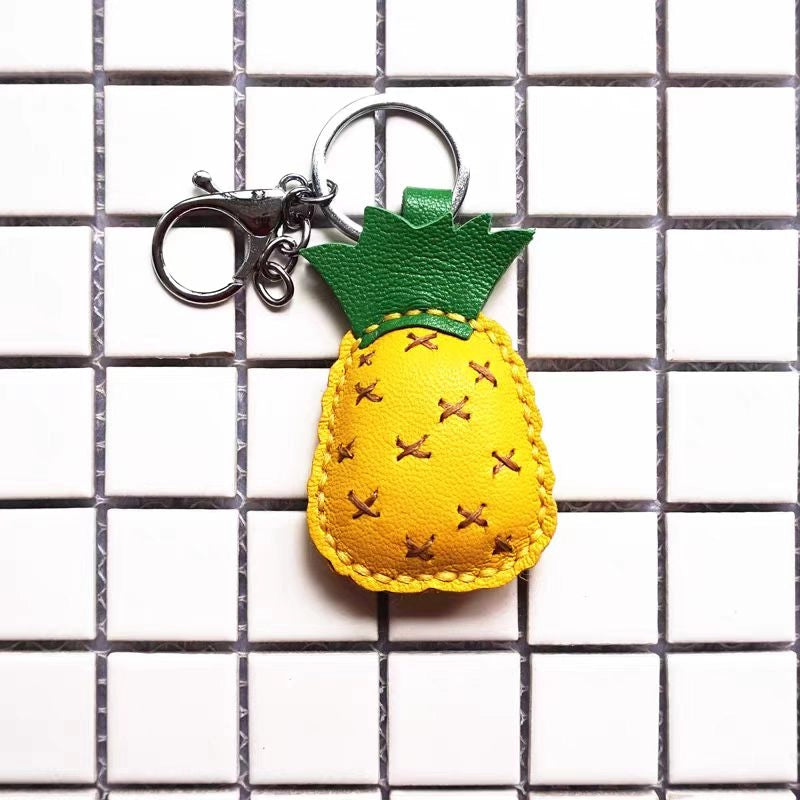 Pineapple Tassel Bag Charm – Handcrafted Full-Grain Lambskin Keychain, Tropical Style, Cute and Colorful Gift for Women and Friends